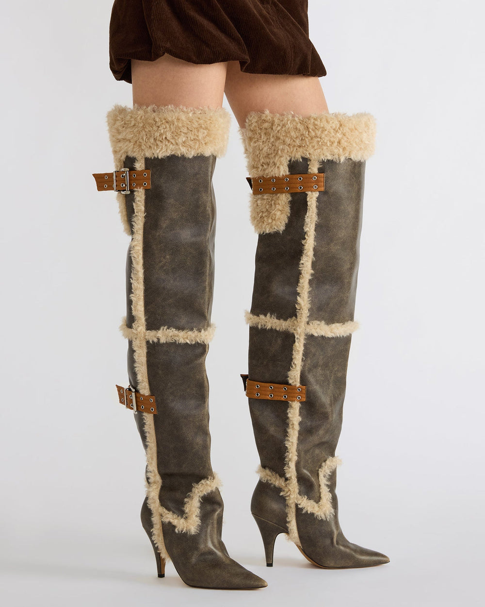 BADDIE Faux Fur Brown Distressed Over-The-Knee Moto Women's Boot