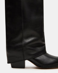WINNICK Black Leather Knee-High Cuffed Fold-Over Block Heel Women's Boot
