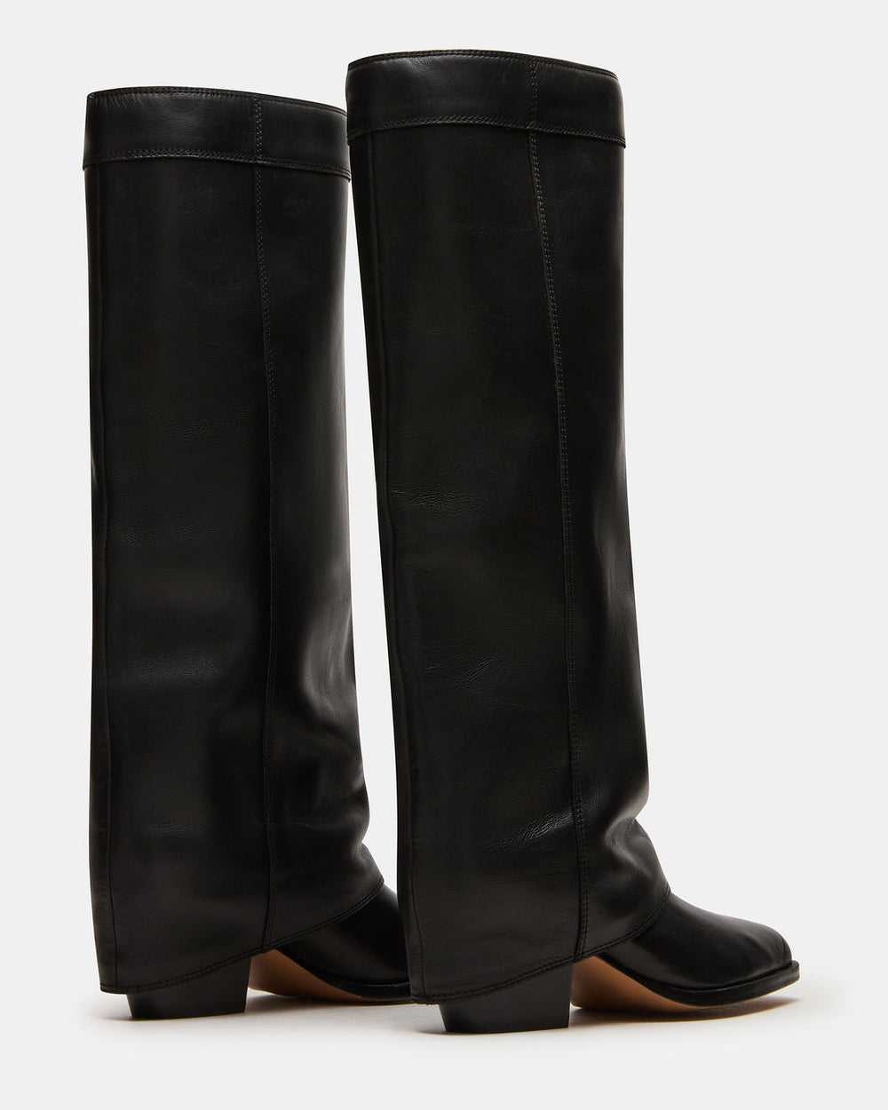 WINNICK Black Leather Knee-High Cuffed Fold-Over Block Heel Women's Boot