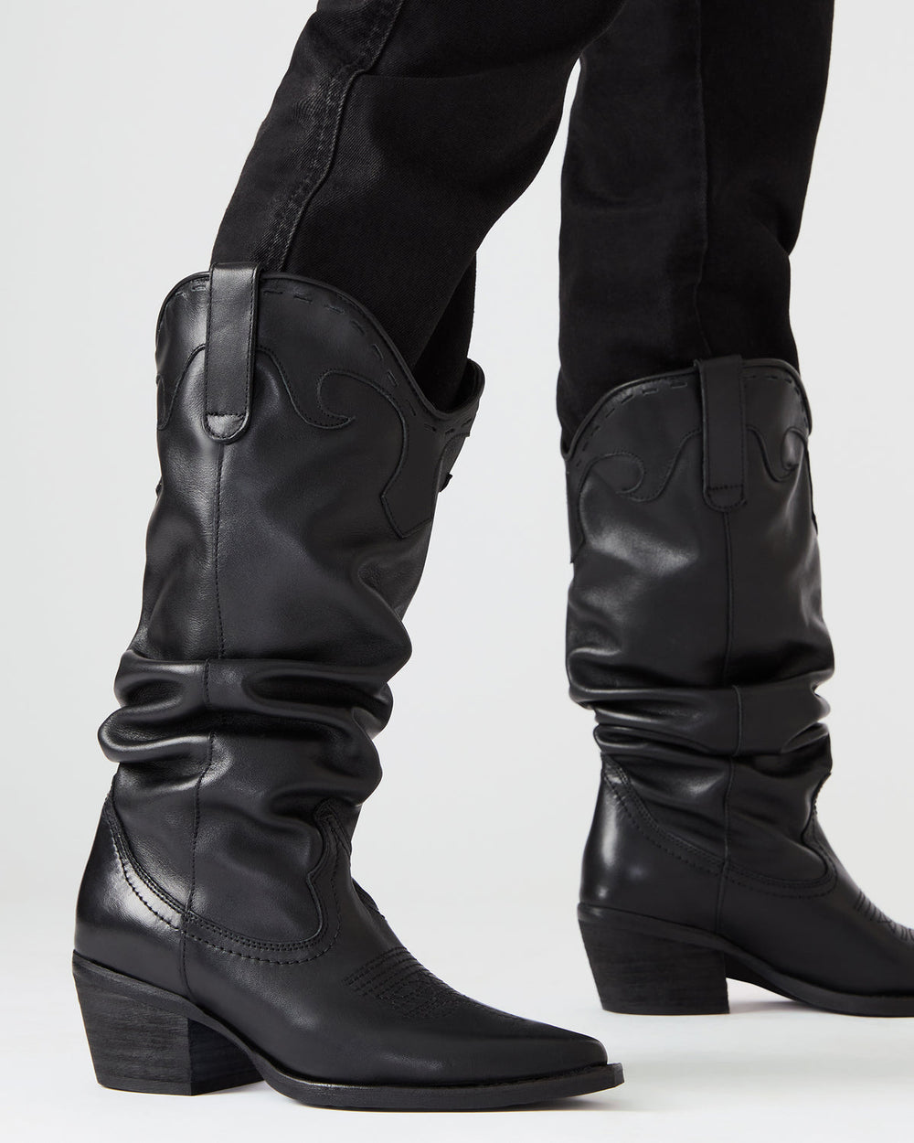STAGE Black Leather Pointed-Toe Scrunched Western Women's Boot