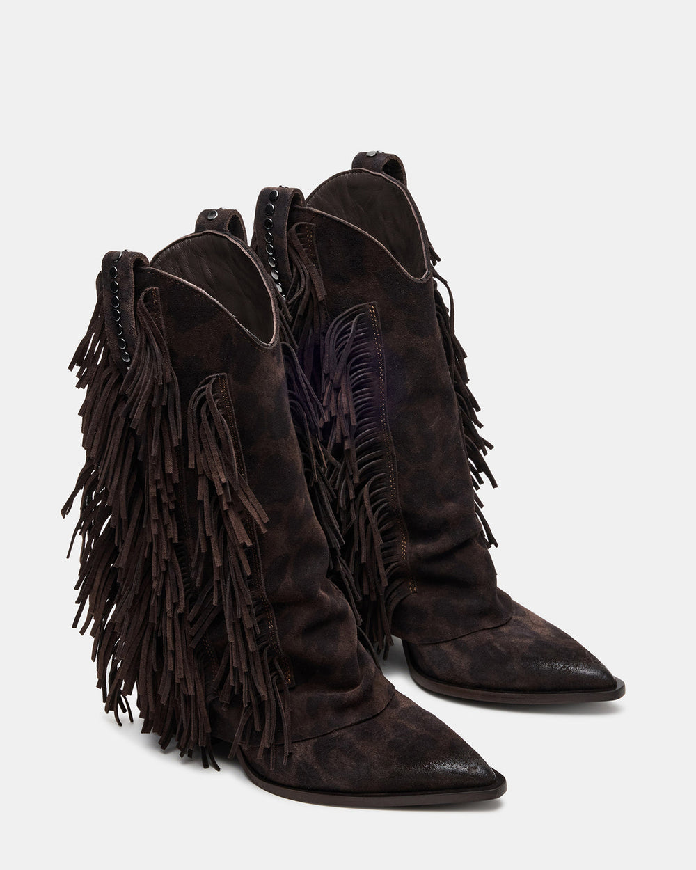 LANDMARK Brown Leopard Cuffed Fringe Western Women's Ankle Boot