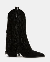 LANDMARK Black Suede Cuffed Fringe Western Women's Ankle Boot