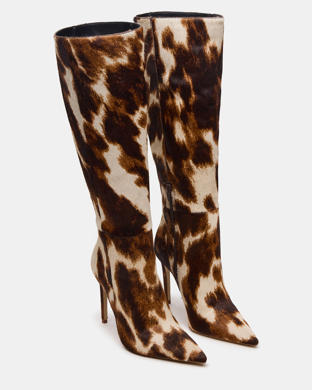 NITRO Brown Cow Print Wide Calf Pointed-Toe Stiletto Heel Knee-High Women's Boots