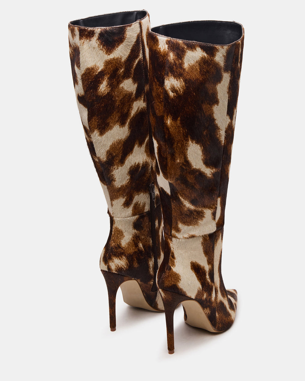 NITRO Brown Cow Print Wide Calf Pointed-Toe Stiletto Heel Knee-High Women's Boots