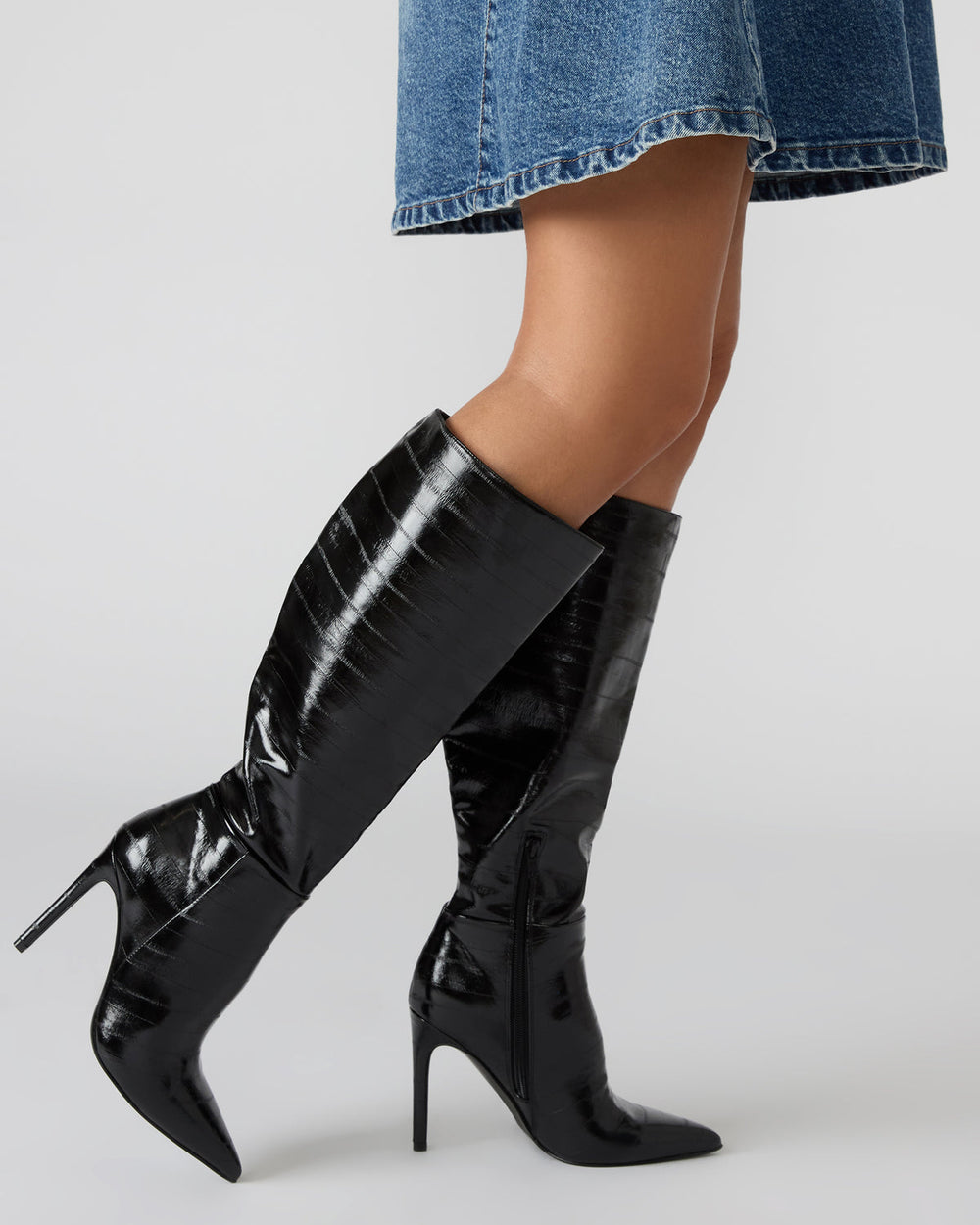 NITRO Black Eel Pointed-Toe Stiletto Heel Knee-High Women's Boots