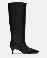 LANDER Black Leather Knee-High Kitten Heel Women's Boot