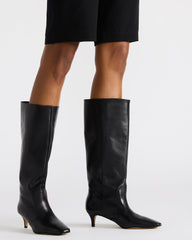 LANDER Black Leather Knee-High Kitten Heel Women's Boot