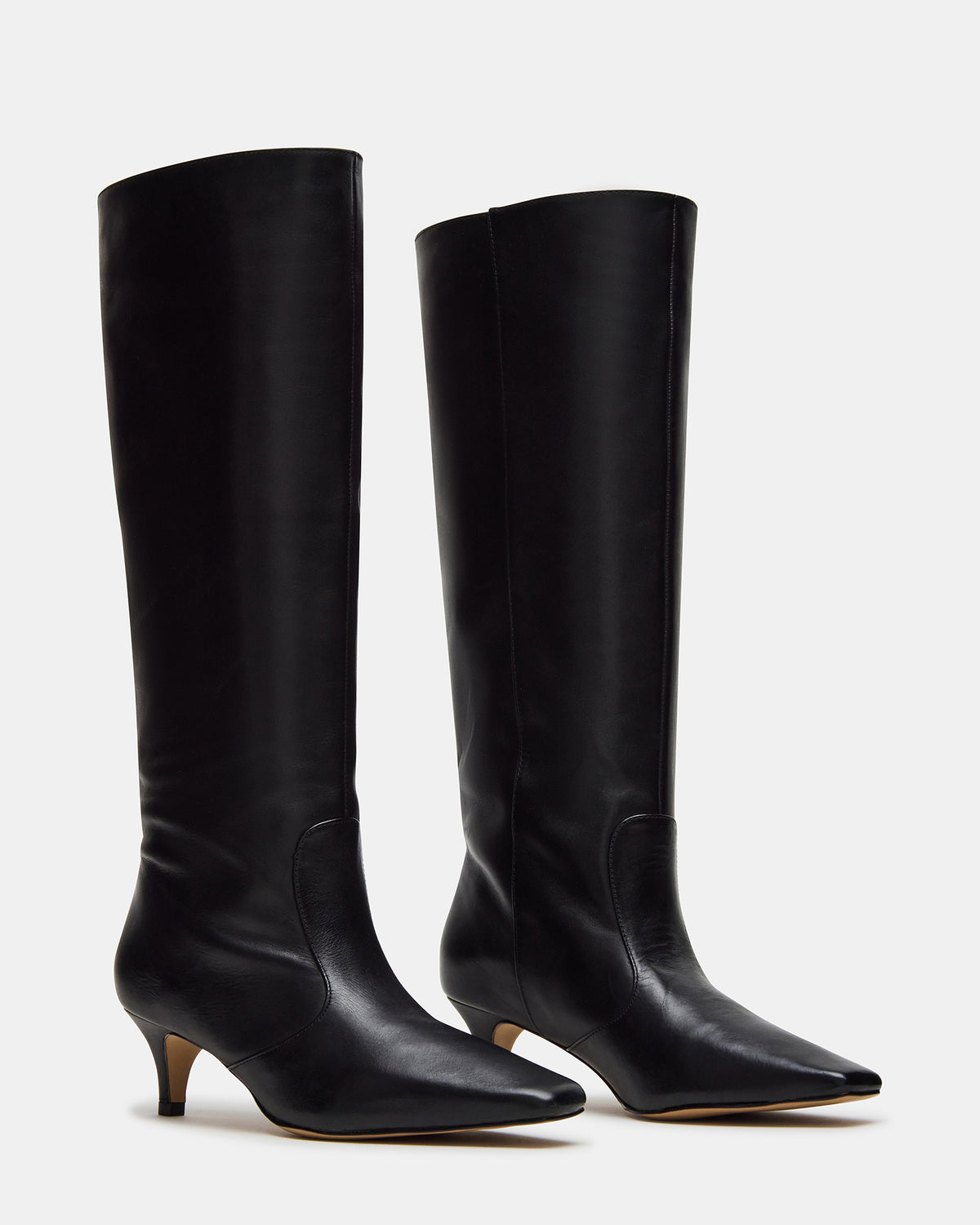 LANDER Black Leather Knee-High Kitten Heel Women's Boot