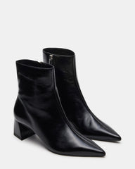 ASHLI Black Leather Pointed-Toe Block Heel Women's Ankle Boot
