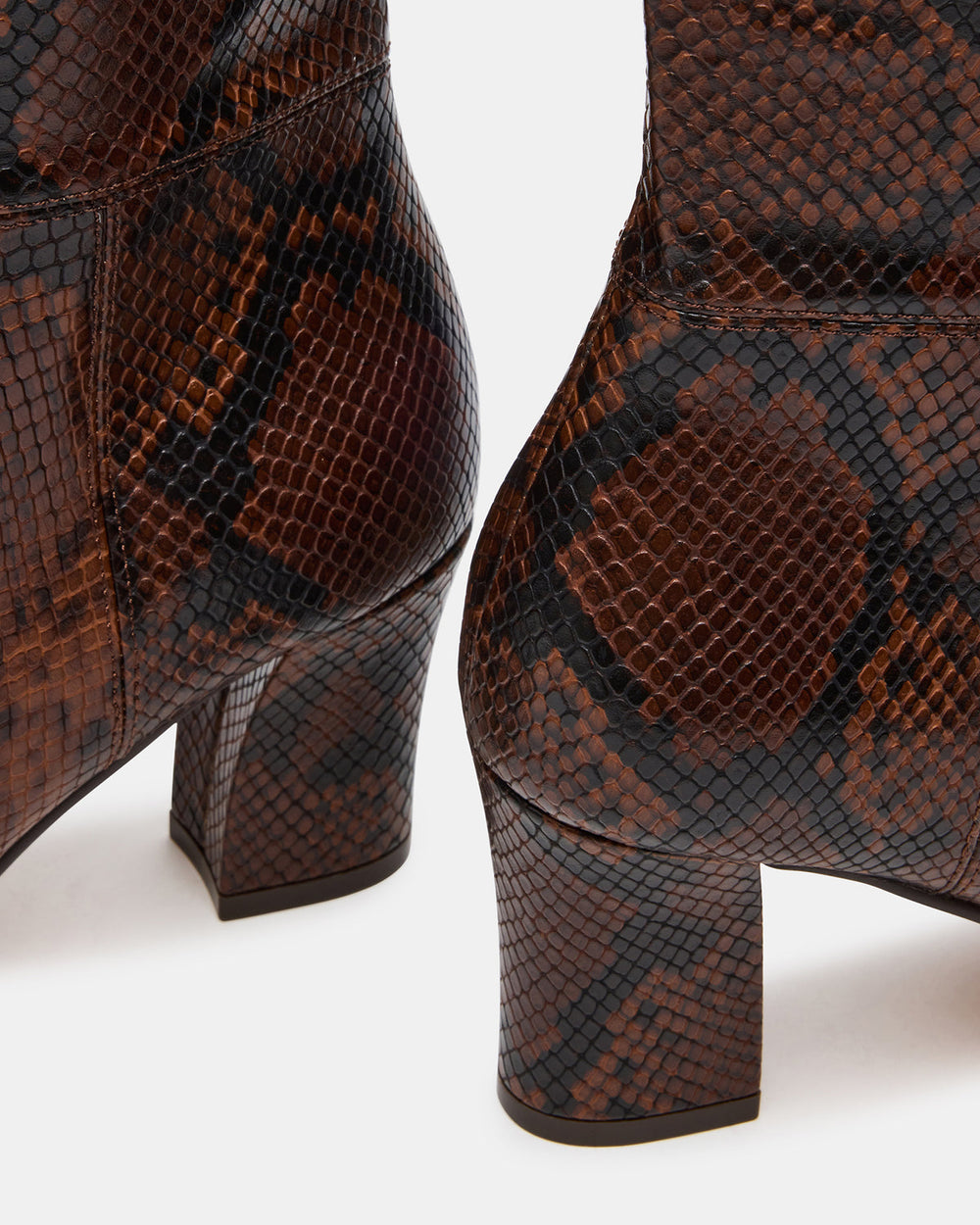 ELLIOT Brown Snake Square-Toe Knee-High Block Heel Women's Boot
