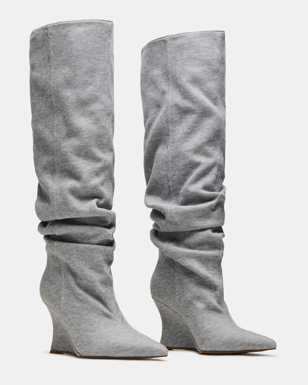 DISTORTION Grey Fabric Pointed-Toe Scrunched Knee-High Wedge Women's Boot