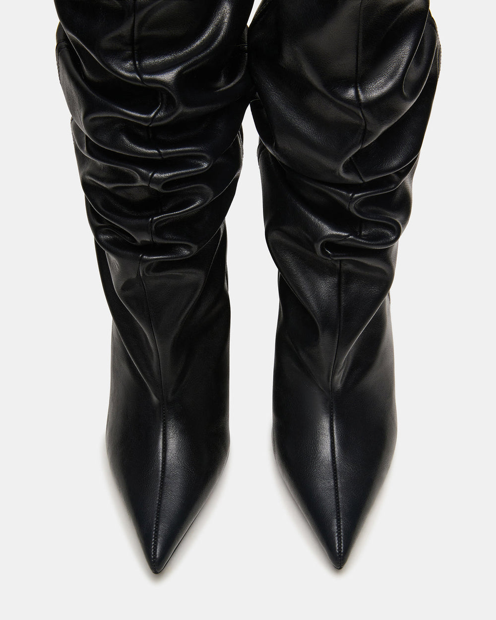 DISTORTION Black Pointed-Toe Scrunched Knee-High Wedge Women's Boot