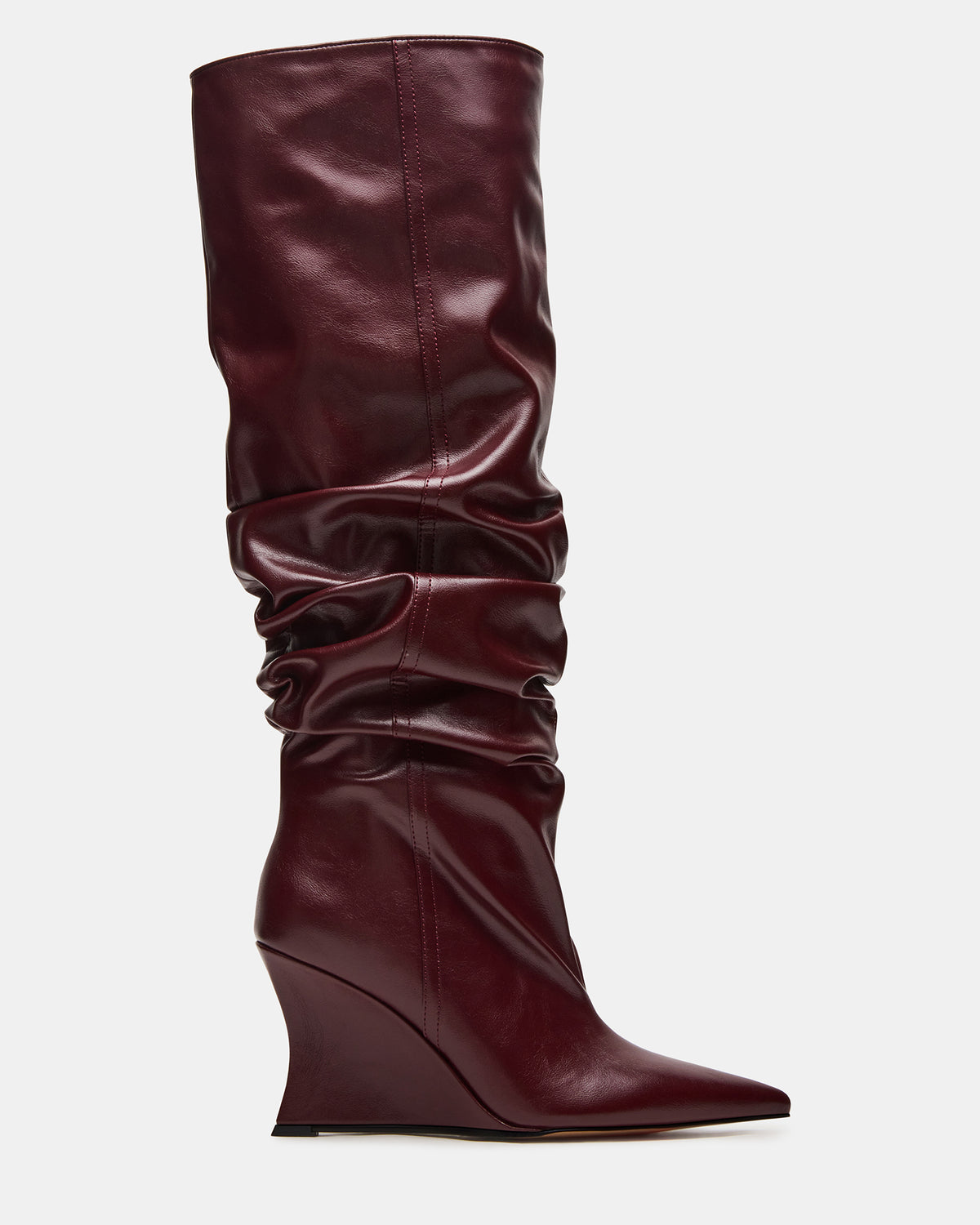 DISTORTION Burgundy Pointed-Toe Scrunched Knee-High Wedge Women's Boot
