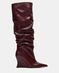 DISTORTION Burgundy Pointed-Toe Scrunched Knee-High Wedge Women's Boot