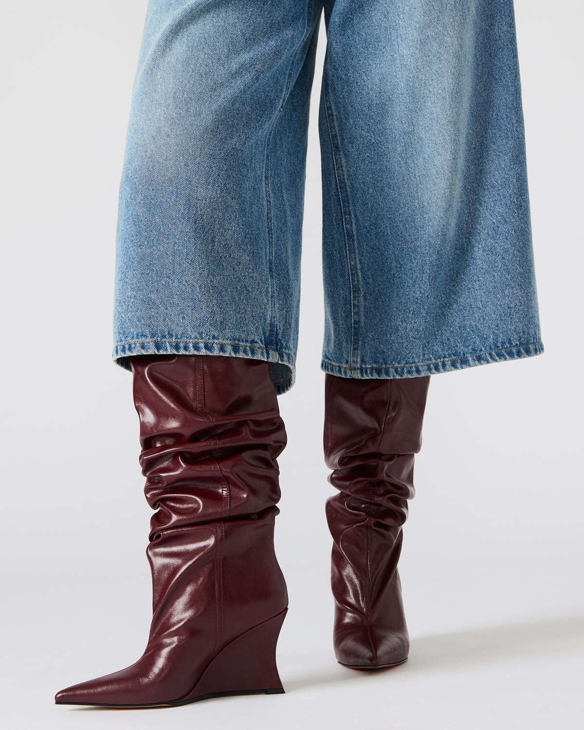 DISTORTION Burgundy Pointed-Toe Scrunched Knee-High Wedge Women's Boot