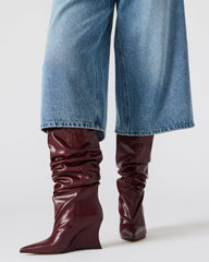 DISTORTION Burgundy Pointed-Toe Scrunched Knee-High Wedge Women's Boot