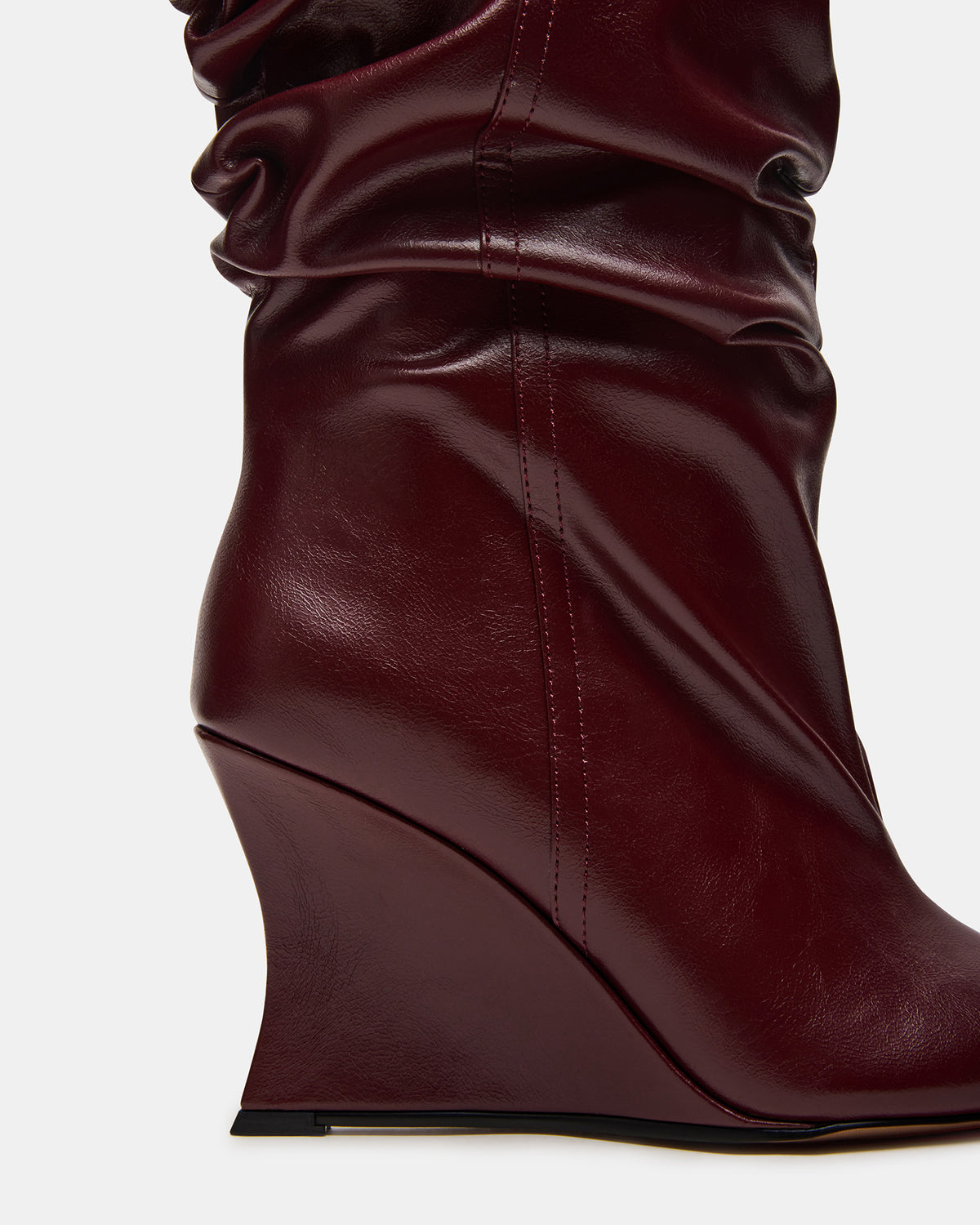DISTORTION Burgundy Pointed-Toe Scrunched Knee-High Wedge Women's Boot