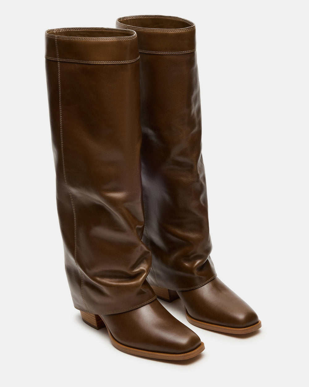 WINNICK Olive Leather Knee-High Cuffed Fold-Over Block Heel Women's Boot