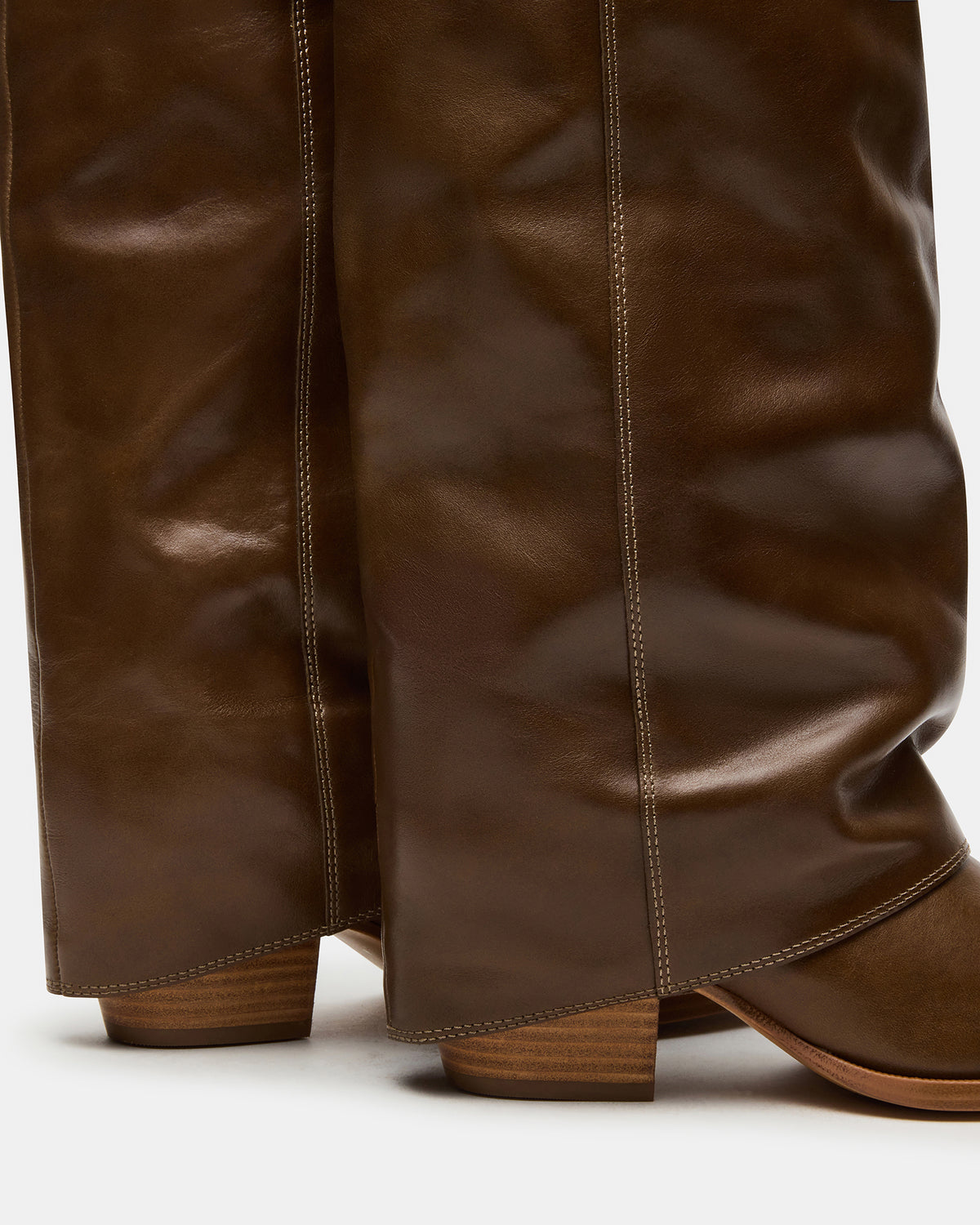 WINNICK Olive Leather Knee-High Cuffed Fold-Over Block Heel Women's Boot