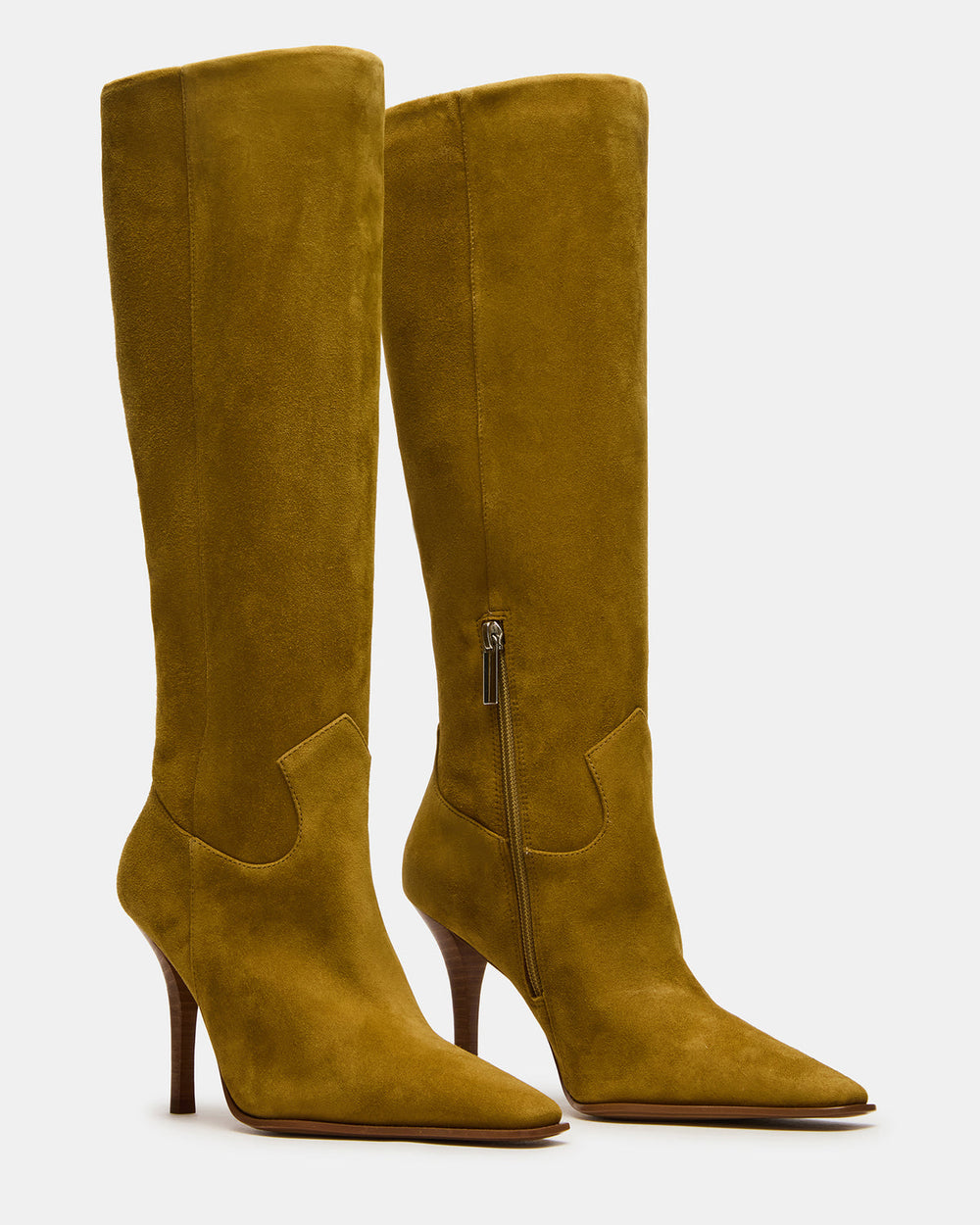 WESCOT Olive Suede Square-Toe Knee-High Heeled Women's Boot