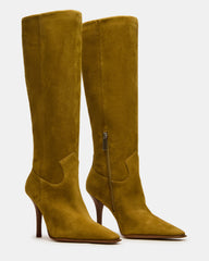 WESCOT Olive Suede Square-Toe Knee-High Heeled Women's Boot