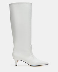 LANDER White Leather Knee-High Kitten Heel Women's Boot