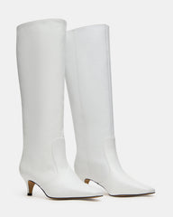 LANDER White Leather Knee-High Kitten Heel Women's Boot