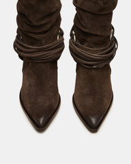 LAUPER Dark Taupe Suede Pointed-Toe Heeled Buckle Women's Ankle Boot