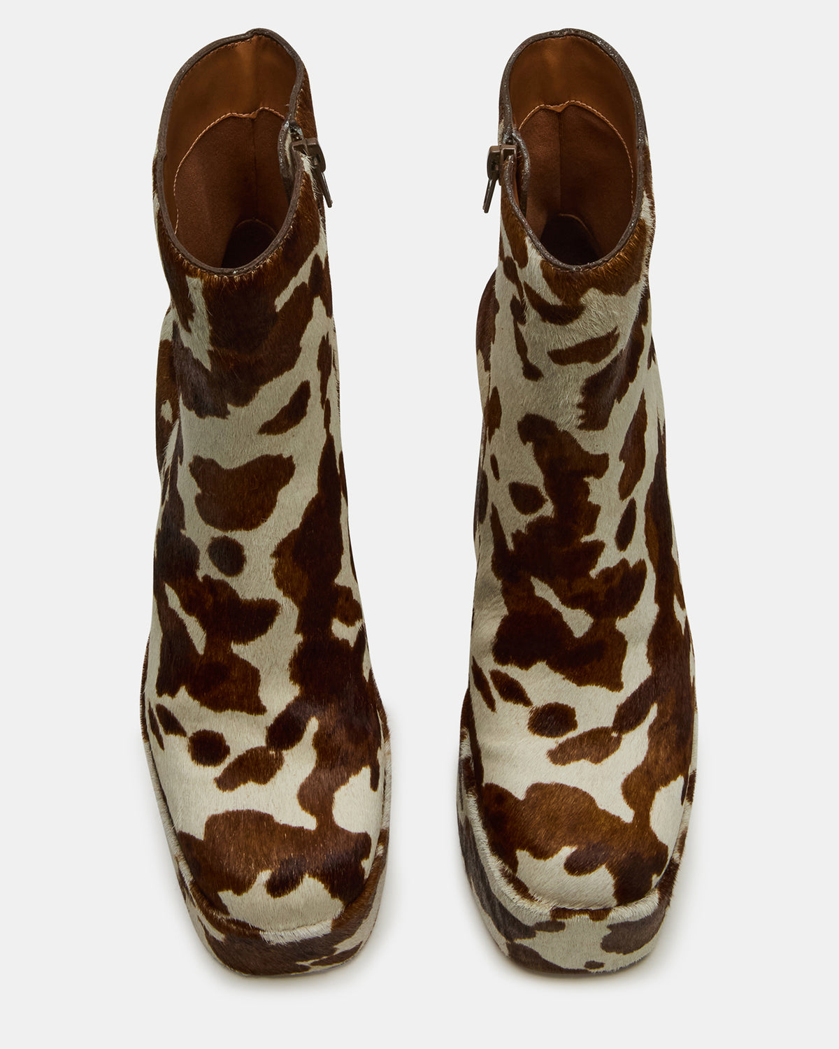 TRILLION Brown Cow Print Platform Square-Toe Block Heel Women's Ankle Boot