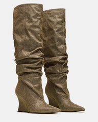 DISTORTION Gold Glitter Pointed-Toe Scrunched Knee-High Wedge Women's Boot