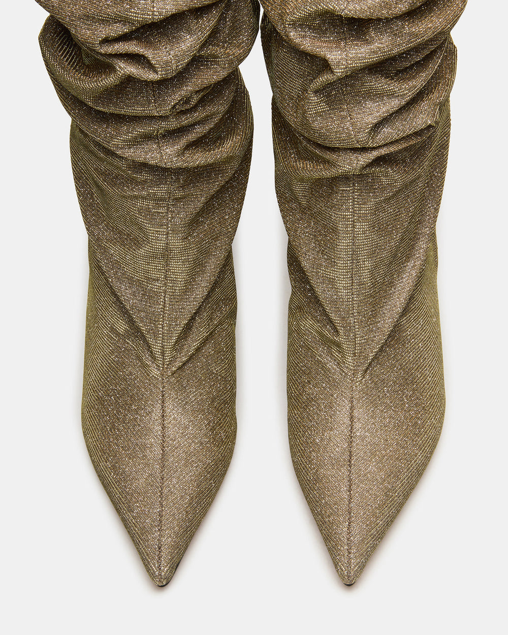 DISTORTION Gold Glitter Pointed-Toe Scrunched Knee-High Wedge Women's Boot