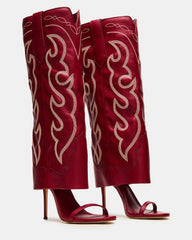 RAVINE Western Red Knee-High Cuffed Stiletto Heel Women's Boot