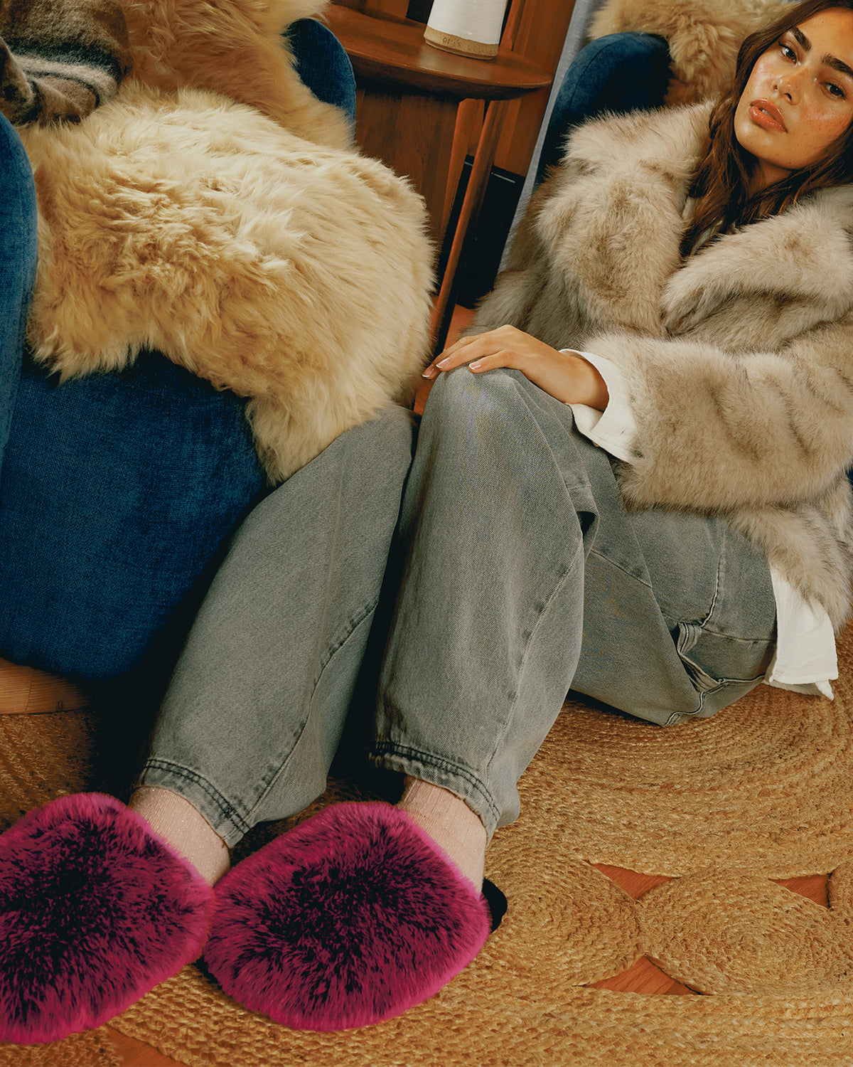 POOF Fushia Slip-On Faux Fur Mule Women's Flat