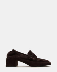 ESTEE Brown Suede Square-Toe Heeled Women's Loafer