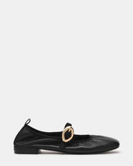 DAFFIA Black Leather Mary Jane Gold-Detail Buckle Ballet Women's Flat