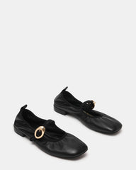 DAFFIA Black Leather Mary Jane Gold-Detail Buckle Ballet Women's Flat