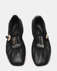 DAFFIA Black Leather Mary Jane Gold-Detail Buckle Ballet Women's Flat