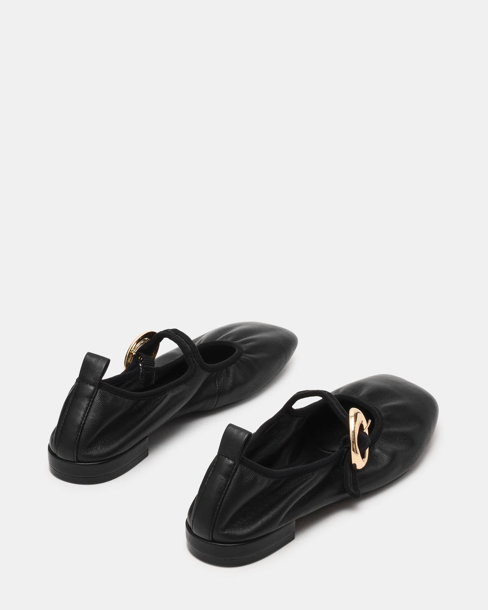 DAFFIA Black Leather Mary Jane Gold-Detail Buckle Ballet Women's Flat