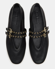 LYDIA Black Leather Square-Toe Mary Jane Ballet Women's Flat