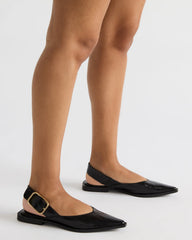 SHAY Black Leather Pointed-Toe Slingback Ballet Women's Flat