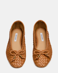 DIVY Cognac Leather Woven Bow Ballet Round-Toe Women's Flat
