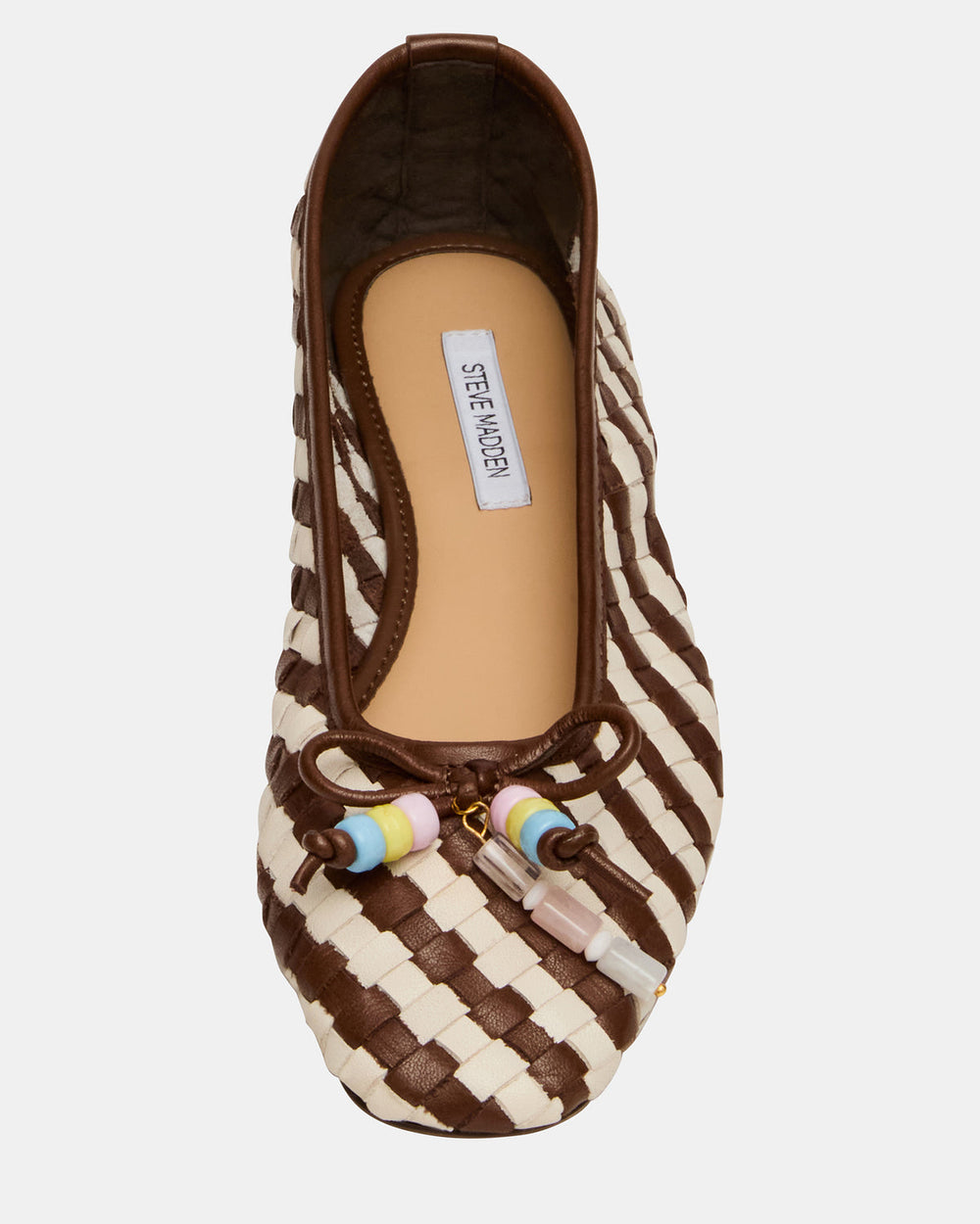 DIVY White/Brown Leather Woven Bow Ballet Round-Toe Women's Flat