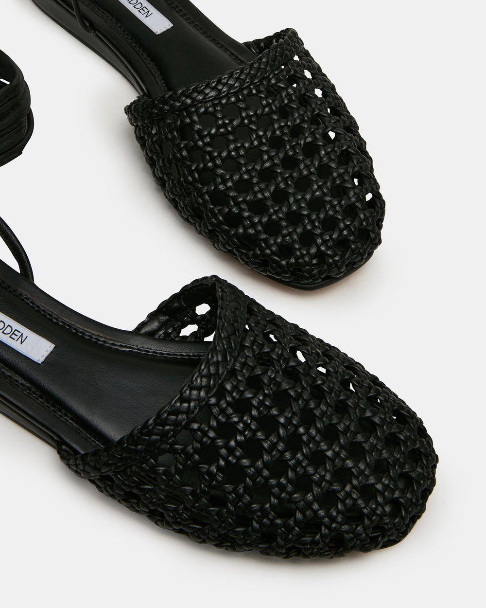 FLUTTER Black Leather Woven Mule Leg-Ties Strappy Women's Flat