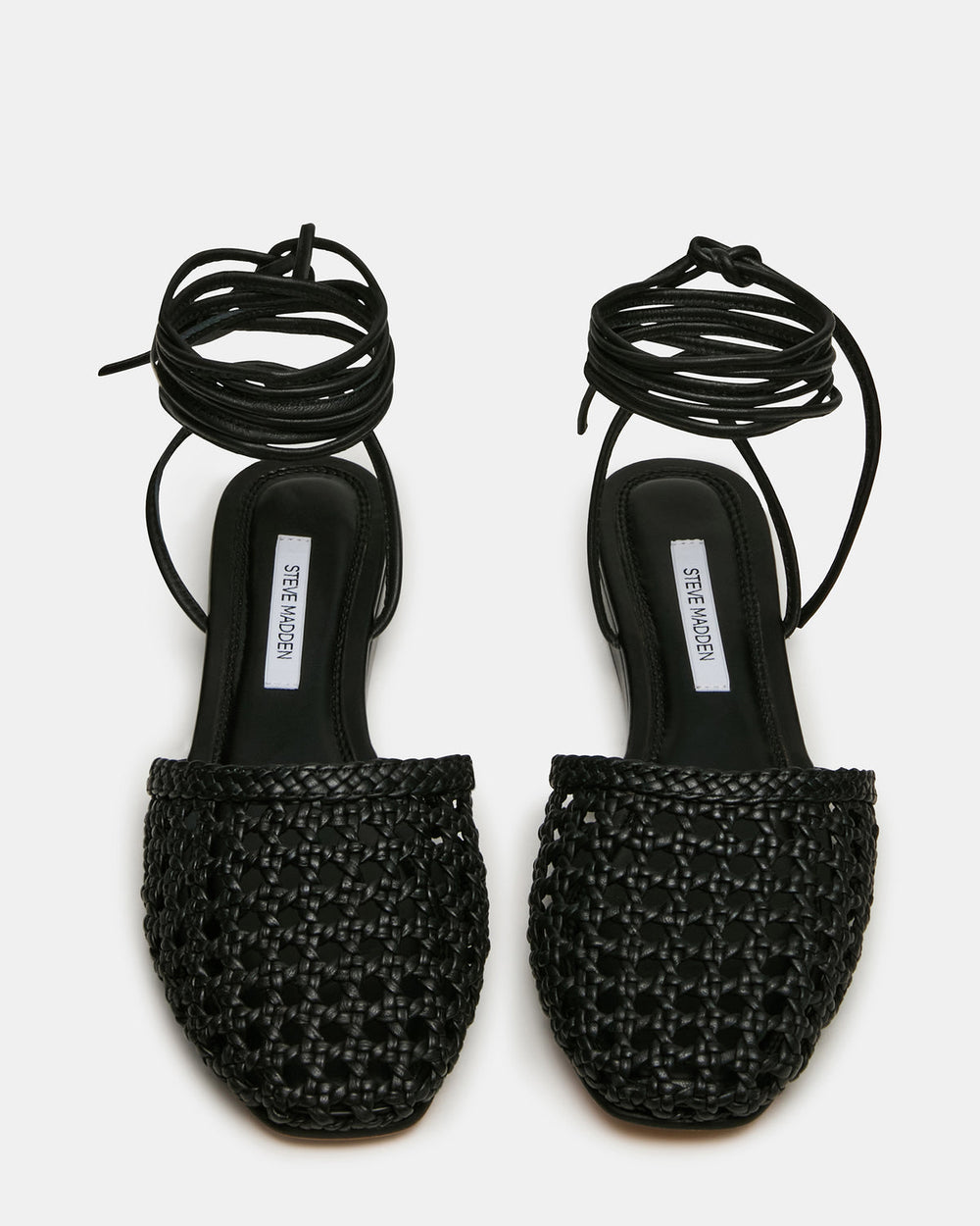 FLUTTER Black Leather Woven Mule Leg-Ties Strappy Women's Flat