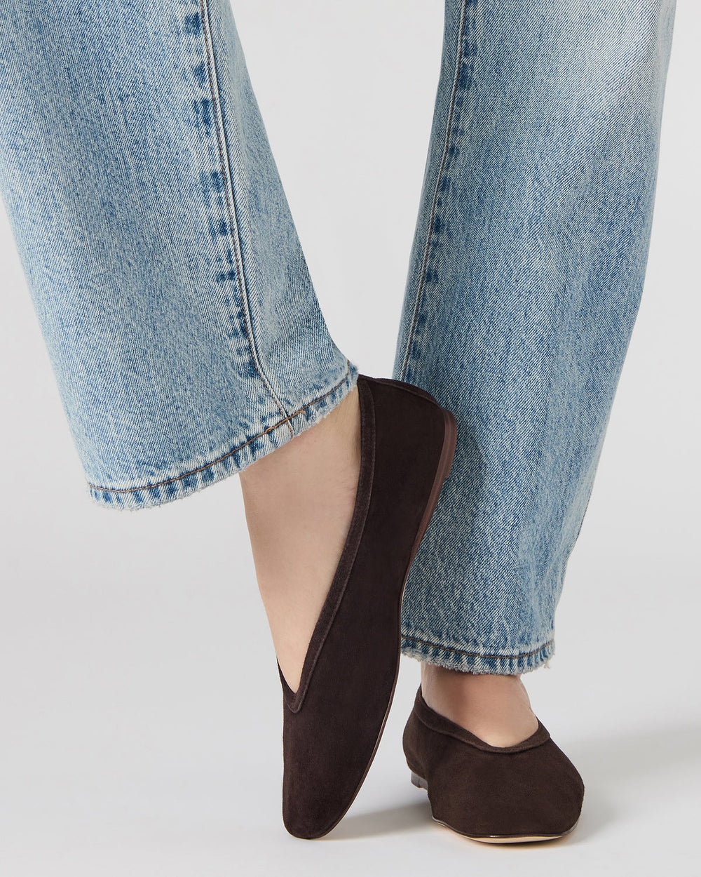 LENI Brown Suede Square-Toe Ballet Women's Flat