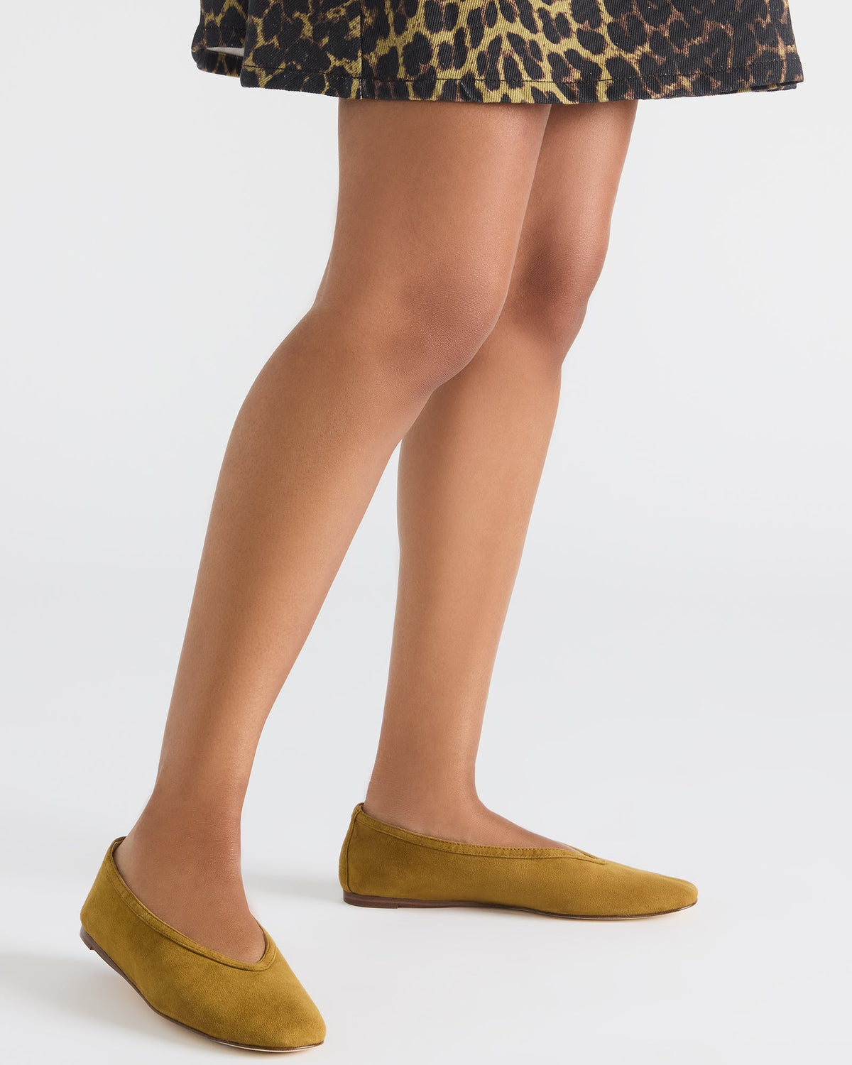 LENI Mustard Suede Square-Toe Ballet Women's Flat