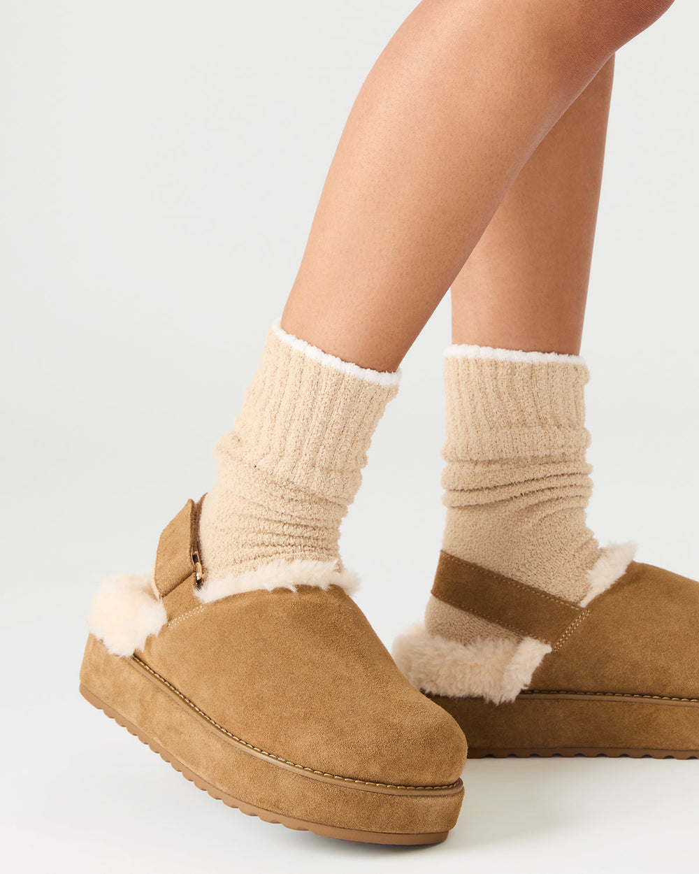 MELLOW Faux Fur Cognac Suede Women's Slingback Platform Clog