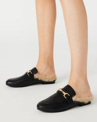 KHLOE Black Leather Women's Faux Fur Mule