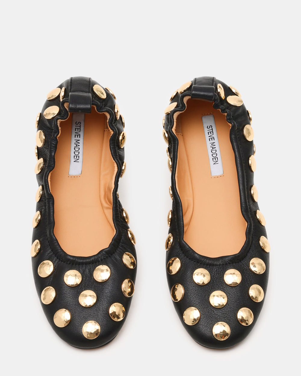 LANTA Black Leather Studded Gold-Detail Round-Toe Women's Flat