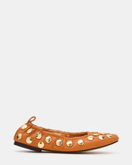 LANTA Tan Leather Studded Gold-Detail Round-Toe Women's Flat